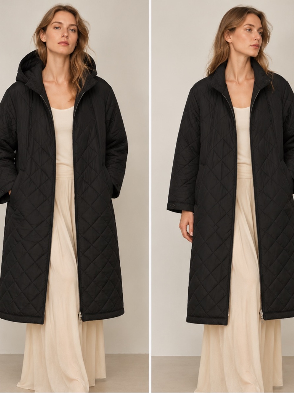 Massimo Dutti NWT black diamond-quilted coat black optional hood 6780/452